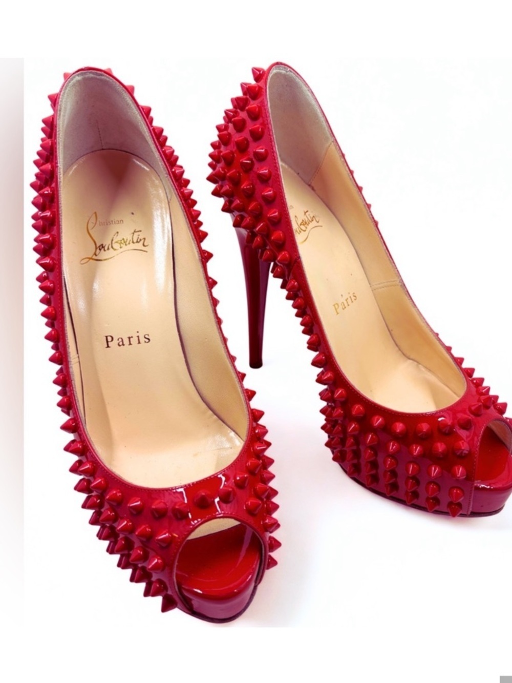 Christian Louboutin Red Spiked Peep Toe Heels Size 39 Patent Leather Studded